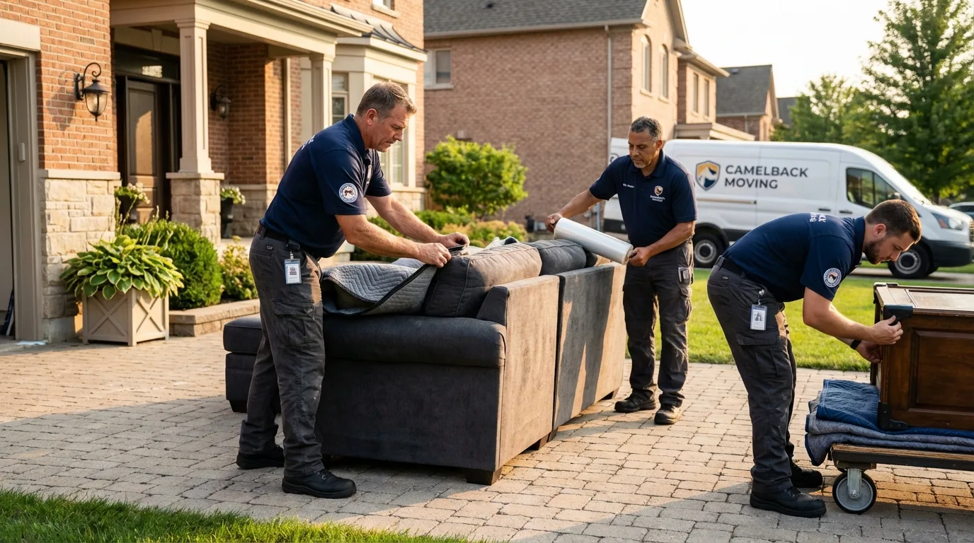 Large estate moving crew wrapping furniture in Old Greenwich, CT