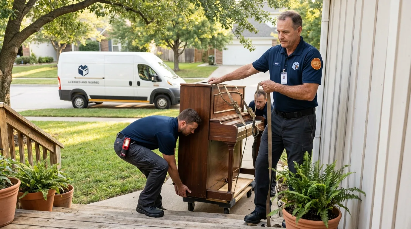 Licensed piano movers securing grand piano in Old Greenwich, CT