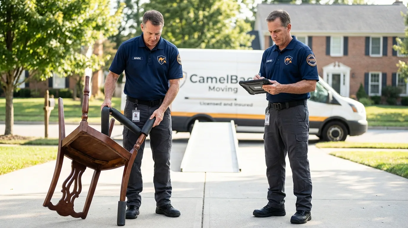 Movers inspecting furniture for damage prevention before loading in Old Greenwich, CT