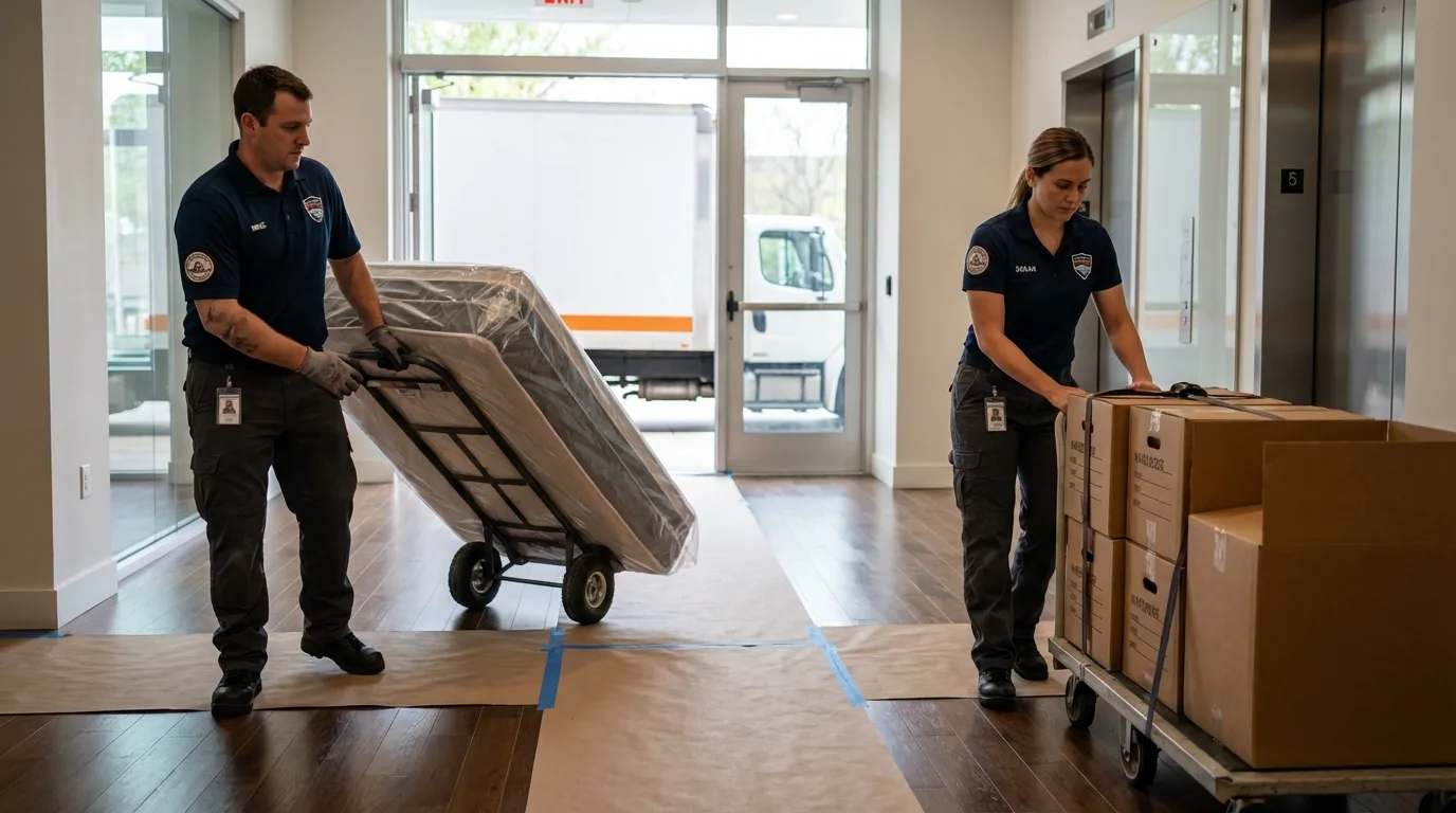 Professional apartment movers loading elevator in Old Greenwich, CT