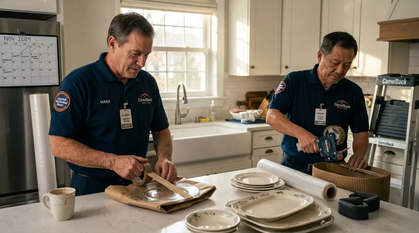 Professional crew packing kitchen dishware in Old Greenwich, CT