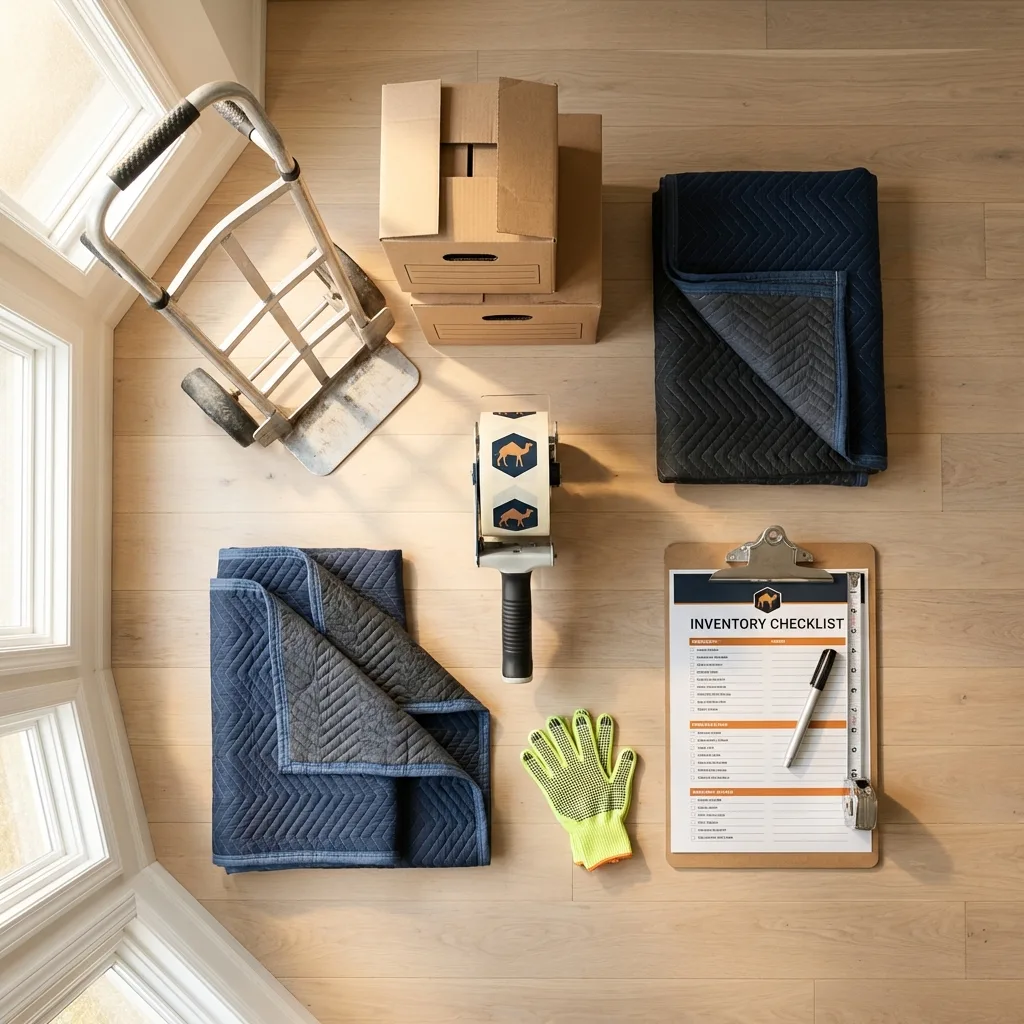 Professional moving supplies and packing materials layout for Old Greenwich residential relocations